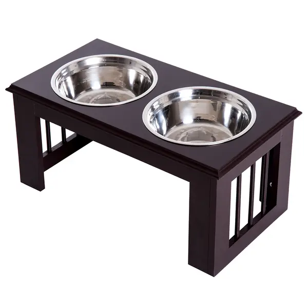 PawHut Bol Dublu Inaltat pentru Caini din Otel Inox si MDF 58.4x 30.5x 25.4cm | Aosom Romania