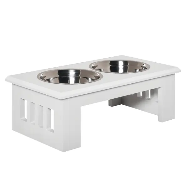 PawHut Boluri Ridicate pentru Câini, Suport pentru Boluri cu 2 Boluri din Oțel pentru Mâncare și Apă, 58,4x30,5x25,4 cm, Alb | Aosom Romania