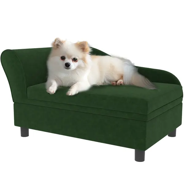 PawHut Canapea câini pisici pe picioare cu depozitare stil modern perne de șezut detașabile 76 x 45 x 43 cm verde | Aosom Romania
