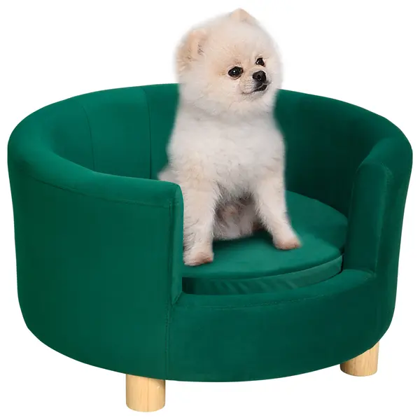 PawHut Canapea Verde Luxoasă pentru Câini, cu Spătar și Pernă Detașabilă, 65x64x37 cm | Aosom Romania