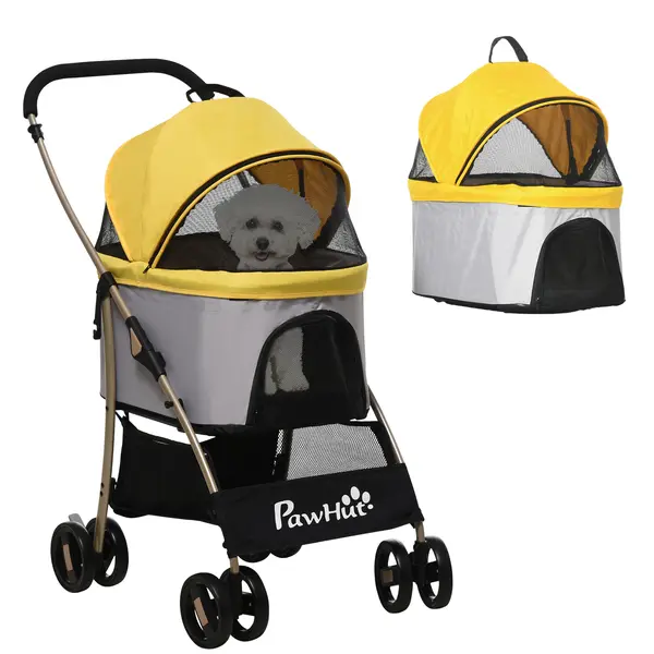PawHut Cărucior 2 în 1 pentru câini, cărucior pentru câini pliabil, 1 coș, 1 geantă, 82 cm x 49,5 cm x 98 cm, Galben | Aosom Romania