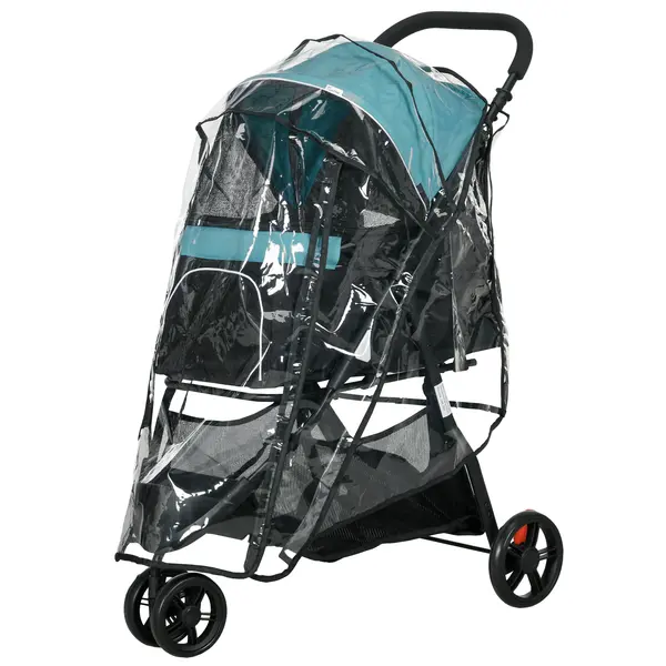 PawHut Cărucior pentru Câini cu 3 Roți, Cărucior Pliant cu Husă de Ploaie, Coș și Curea, 80,5x51,5x100 cm, Verde Închis | Aosom Romania
