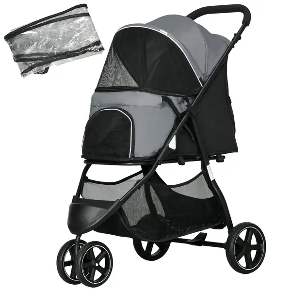 PawHut Cărucior pentru câini Haustierwagen, pliabil, husă de ploaie, 2 frâne de siguranță, 83 cm x 55 cm x 101 cm, Gri + Negru | Aosom Romania