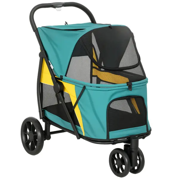 PawHut Cărucior pentru câini pliabil Cărucior pentru câini până la 20 kg cu pernă, ferestre din plasă, buzunar spate, 92 x 63 x 95 cm Verde închis | Aosom Romania