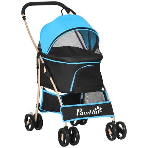 PawHut Cărucior pentru Câini Pliabil și Convertibil în Geantă de Transport cu 2 Lese și Pernă, 82x49.5x98 cm, Albastru | Aosom Romania
