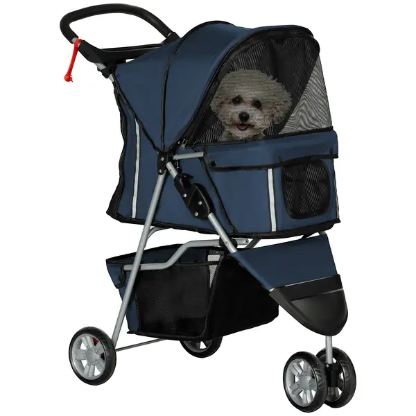 PawHut Cărucior pliabil pentru animale, chariot pliant câini pisici, portă pahar, 600D Oxford oțel, 75 x 45 x 97 cm bleu foncé | Aosom Romania