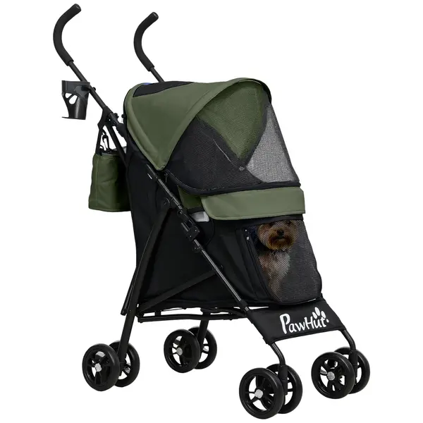 PawHut Cărucior Pliabil pentru Câini cu Lese, Geantă de Depozitare și Suport pentru Pahare, 76x44x103 cm, Verde | Aosom Romania