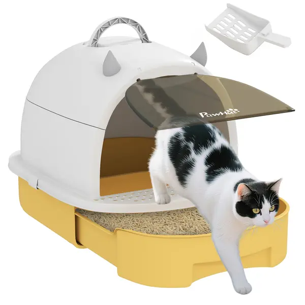 PawHut Casa de toaletă pentru pisici cutie de nisip închisă pentru pisici mâner de transport ușă transparentă 40,5 x 52 x 39 cm galben | Aosom Romania