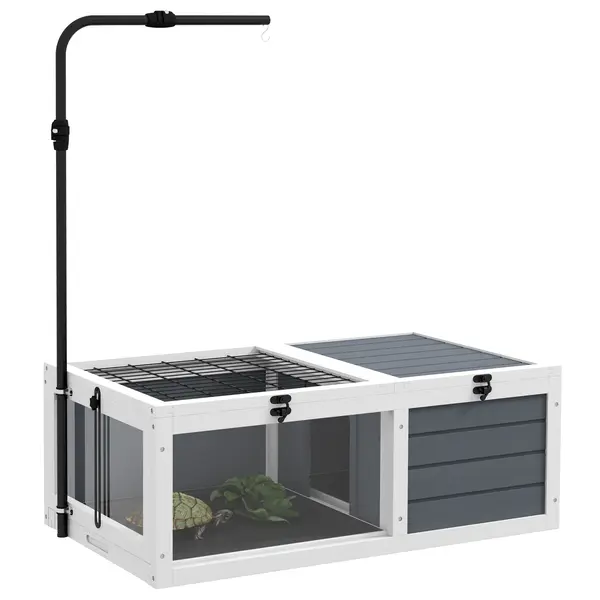 PawHut Casă/îngrăditură cușcă pentru broască țestoasă cu 2 spații suport de lampă reglabil 81 x 48 x 31,5 cm gri | Aosom Romania