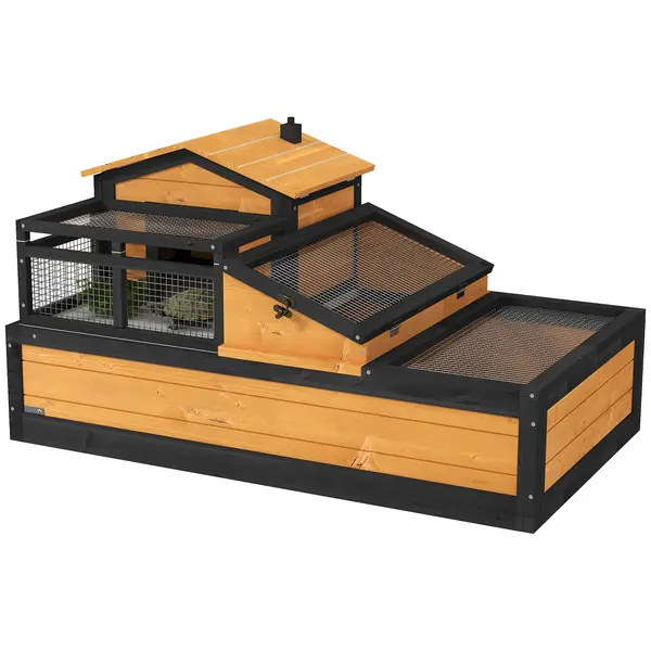 PawHut Casa pentru broaște țestoase, 2 etaje, pentru interior și exterior, tavă extensibilă, lemn de brad, Galben | Aosom Romania