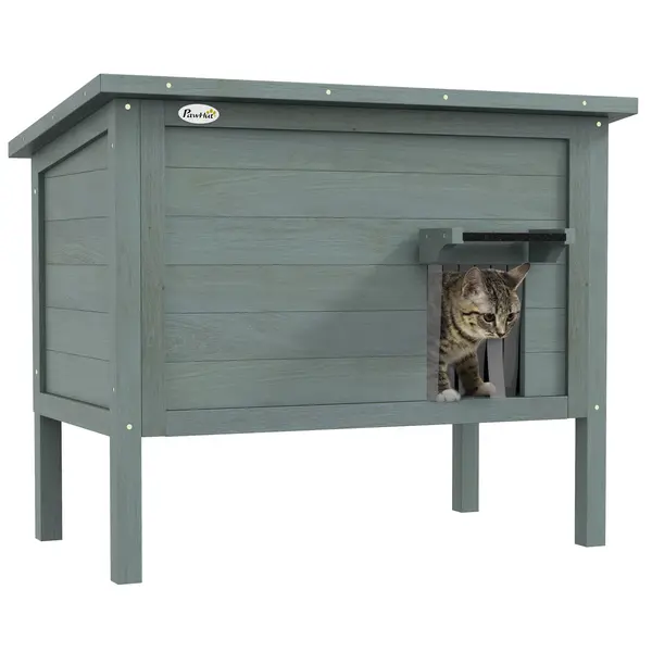 PawHut Casa pentru pisici adăpost de exterior din lemn ridicată cu acoperiș deschis izolată 85 x 50 x 68,5 cm gri închis și negru | Aosom Romania
