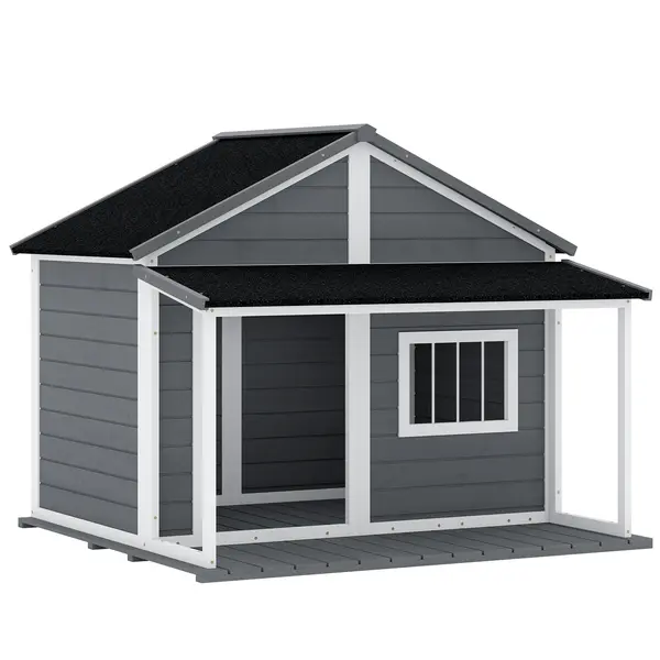 PawHut Casuță din Lemn de Exterior pentru Câini, Cușcă pentru Câini cu Terasă, Fereastră și Acoperiș Impermeabil, 124x112x105 cm, Gri | Aosom Romania