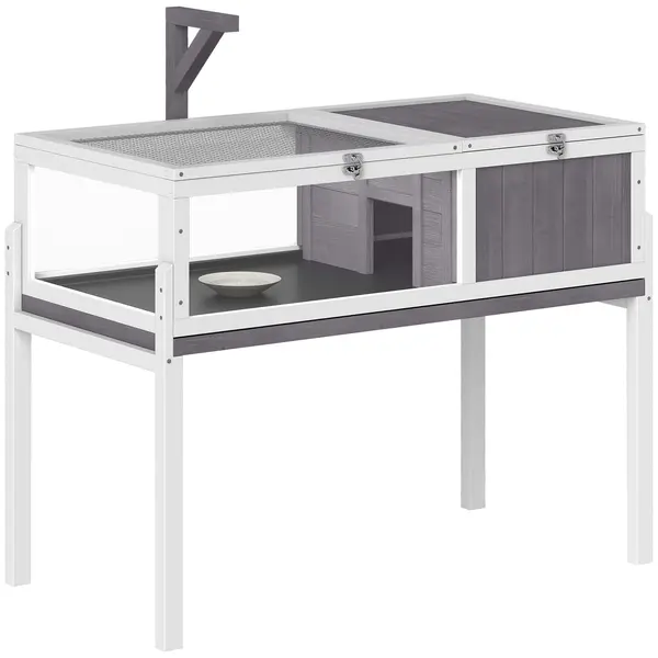 PawHut Căsuță Înalțată pentru Țestoase cu Separator, Tavă Detașabilă și 2 Capace, Tartarughieră din Lemn de Brad și PS, 104x53x82 cm, Gri și Alb | Aosom Romania
