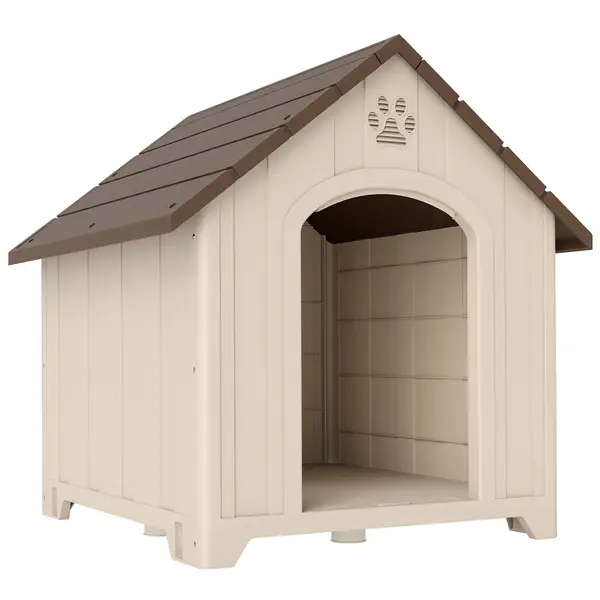 PawHut Căsuță pentru Câini de Exterior, Talie Mare și XL, Adăpost din Plastic Impermeabil cu Bază Ridicată, Ferestre și Acoperiș Înclinat pentru Grădină, Terasă, Curte, 102x94x103 cm, Bej | Aosom Romania