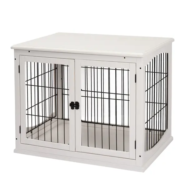 PawHut Casuta pentru Caini de Interior, Canisa pentru Animale din Lemn si Metal cu Usa Dubla, 58,5 x 81 x 66 cm, Alba | Aosom Romania