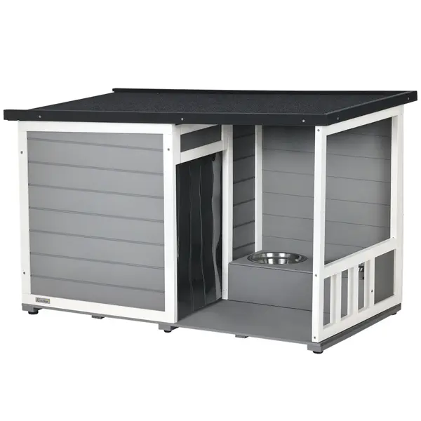 PawHut Căsuță pentru câini din lemn masiv, cu 2 boluri, verandă, rezistent la intemperii, 103 cm x 62 cm x 66 cm, Gri + Alb | Aosom Romania