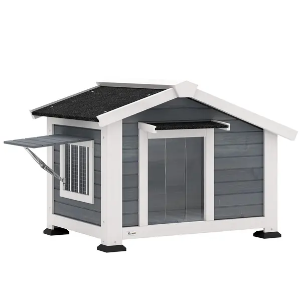 PawHut Căsuță pentru câini rezistentă la intemperii din lemn cu podea detașabilă, acoperiș din asfalt, fereastră rabatabilă 98x76x69,5 cm gri | Aosom Romania