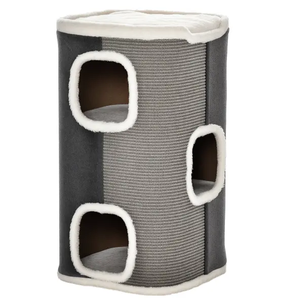 PawHut Catedrală pentru zgâriere de 74 cm înălțime cu trei nivele cu pernă, margine plușată, peșteră pentru pisici, catedrală zgârieră pentru pisici mici, Gri+ Alb | Aosom Romania