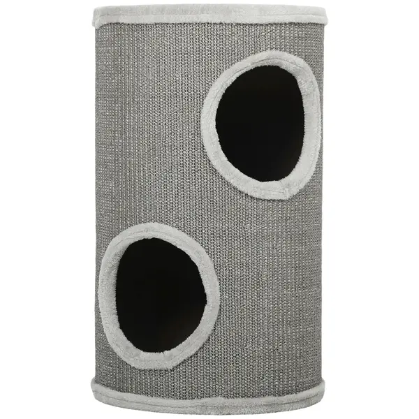 PawHut Cilindru de zgâriat, înălțime 60 cm Ø 35 cm, model cu două nivele și 2 bârloguri, margine din pluș, pentru 1-2 pisici până la 5 kg, gri deschis | Aosom Romania