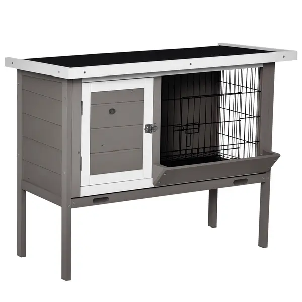 PawHut Clapier din lemn pentru iepure cu acoperiș din asfalt furajer tavă detașabilă și 2 uși 91 x 46 x 71 cm gri | Aosom Romania