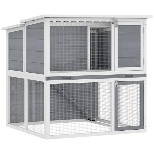 PawHut Clapier iepuri exterior cușcă 2 niveluri spațioasă acoperiș dublă deschidere tavă detașabilă 98x95x102,5cm gri | Aosom Romania