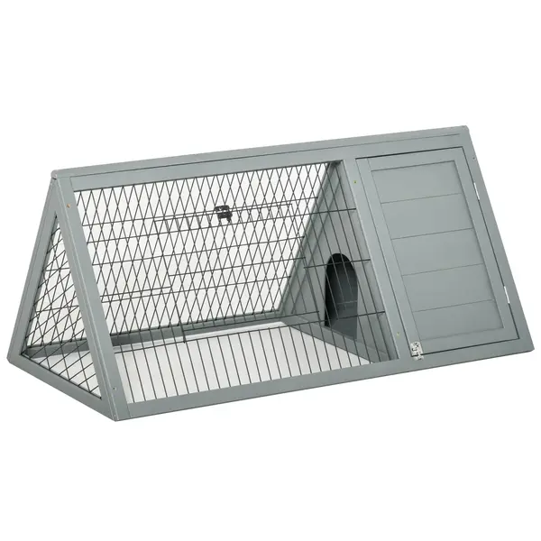 PawHut Clapier triunghiular dublu pentru iepuri cu țarc exterior și căsuță, lemn brad, gri — 116 x 62,2 x 52,5 cm | Aosom Romania