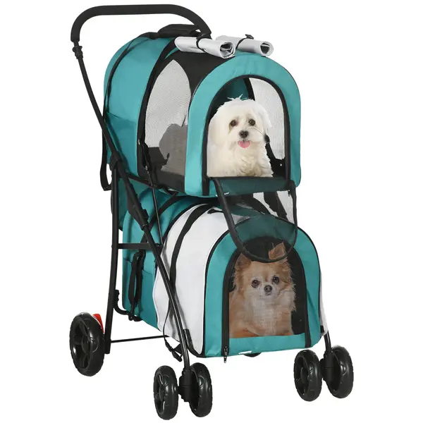 PawHut Cochecito Dublu pentru Câini Pisici Pliabil cu 2 Transportoare Extraibile cu Centură și Perne 66x50x98 cm Verde și Gri | Aosom Romania