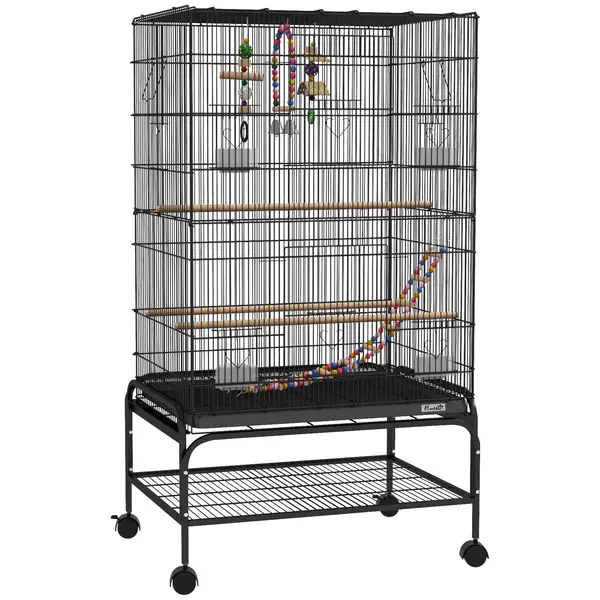PawHut Colivie pentru Păsări 110 cm, Volieră pentru Perusi, Nimfe, Canari, Agapornis, Cinteze cu Roți, 4 Recipiente, Jucării, Tavă Detașabilă, Raft, Negru | Aosom Romania