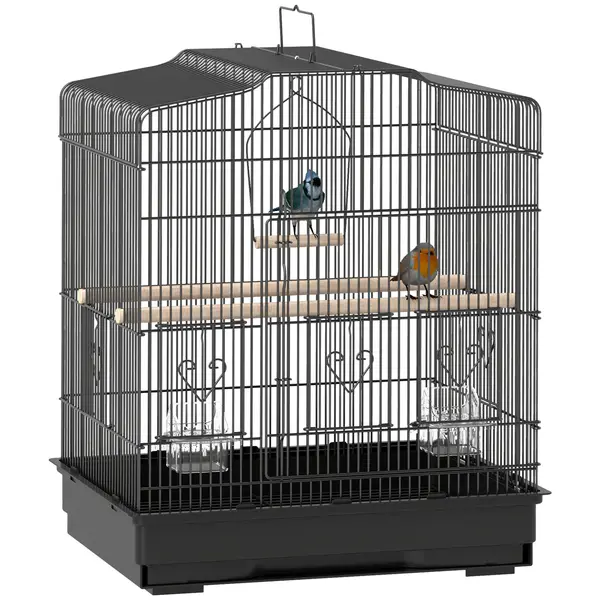 PawHut Colivie pentru Păsări 46,5x36x59 cm cu 2 Boluri 2 Suporturi Leagăn Tavă Detașabilă și Cadru de Oțel Negru | Aosom Romania