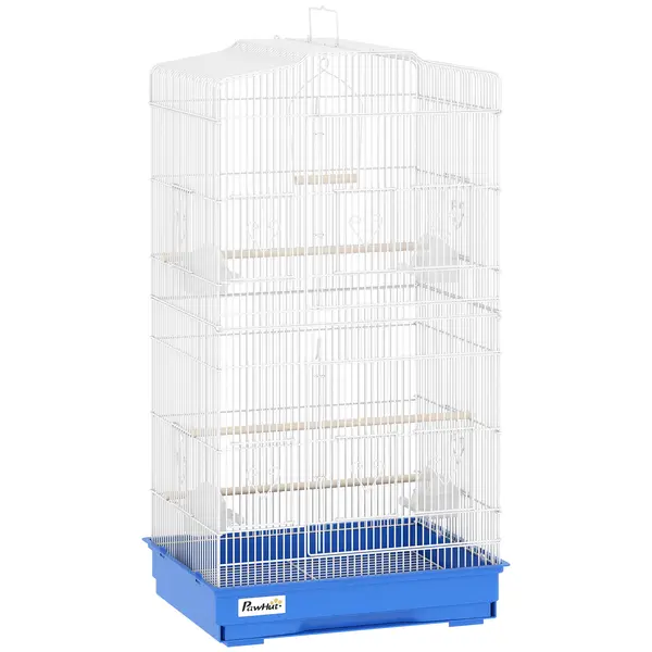 PawHut Colivie pentru păsări colivie metalică cu 4 hrănitoare 3 bețe leagăn și tavă detașabilă mâner 46,5x35,5x92 cm Albastru | Aosom Romania