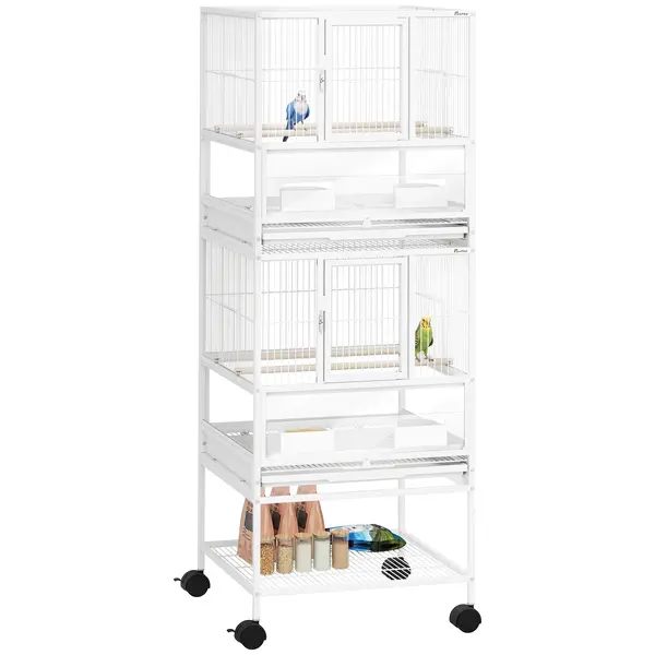 PawHut Colivie pentru Păsări cu 2 Nivele cu Panouri Acrilice Hrănitoare Purtători Roți și Etajeră Inferioară 48x46x134,5 cm Alb | Aosom Romania