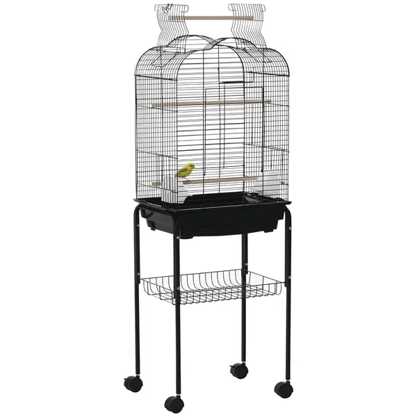 PawHut Colivie pentru Pasari cu 3 Stinghii, 2 Boluri si 2 Usi Laterale, Colivie pentru Animale din Otel, PP si Lemn, 46x36x130 cm, Neagra