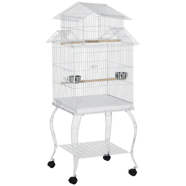 PawHut Colivie pentru Păsări cu Roți Colivie Mare cu Suport și Raft pentru Nimfă Conură de Soare 50x49x137 cm Alb | Aosom Romania