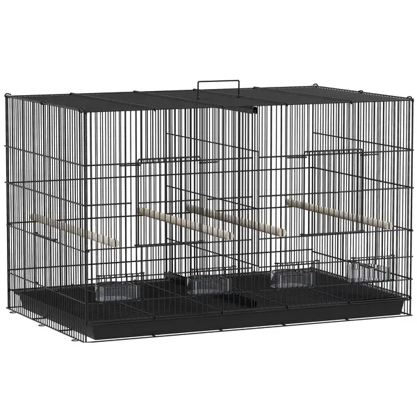 PawHut Colivie pentru Păsări cu Separator, Raft Inferior, 4 Stinghii și 4 Hrănitoare, 94x57x57 cm, Negru | Aosom Romania