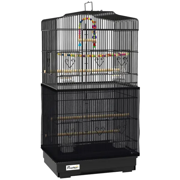 PawHut Colivie pentru pasari cu Stinghii, Leagan si boluri, Voliera din Metal si Plastic, 46.5x35.5x92 cm, Negru | Aosom Romania