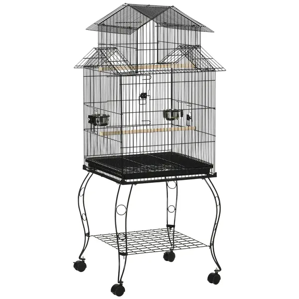 PawHut Colivie pentru Păsări din Oțel și Lemn cu Tavă Detașabilă, 4 Roți și Recipient pentru Alimente, 51,5x50x140 cm, Negru | Aosom Romania