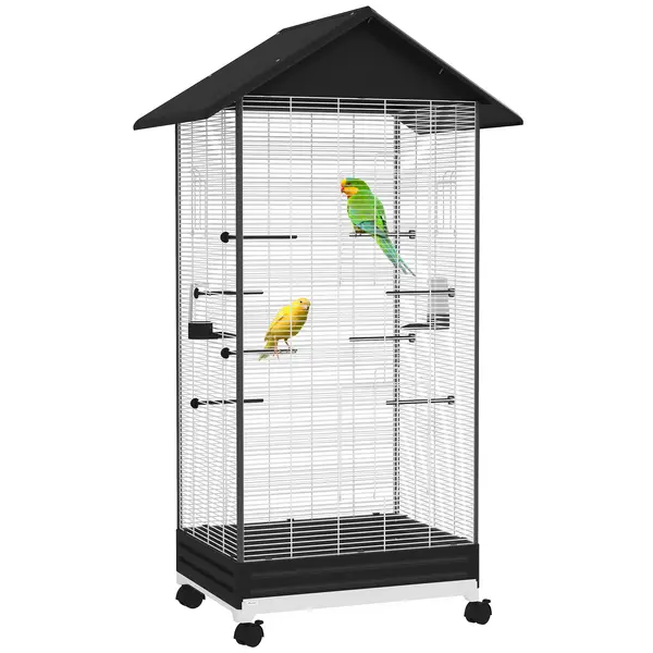 PawHut Colivie pentru Păsări, Volieră cu Tavă Detașabilă, Roți Pivotante și Hrănitoare, 79x65x155 cm, Negru | Aosom Romania