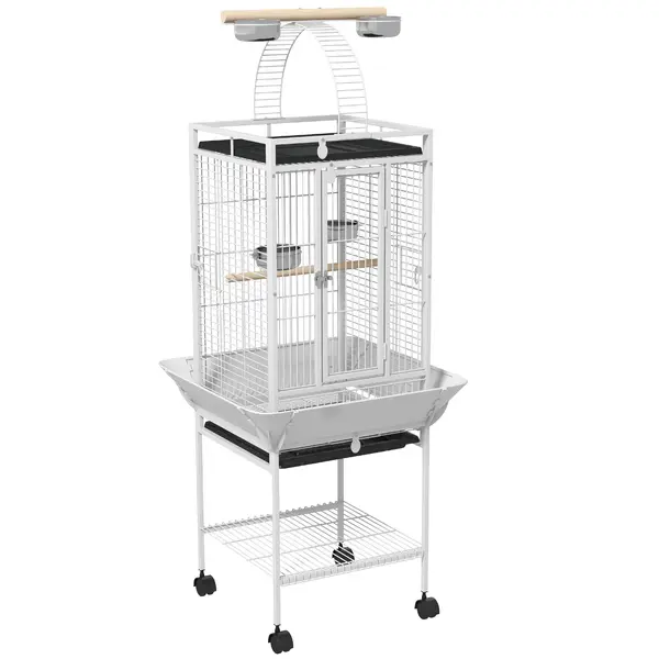 PawHut Colivie pentru păsări, volieră pe roți cu suport, tavă glisantă, bară de lemn pentru odihnă, 62,5x62,5x156cm, alb | Aosom Romania