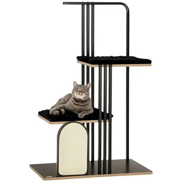 PawHut Copac de joacă, Design industrial, 2 platforme, 2 perne de odihnă, Placă de zgâriere, Cadru din oțel, negru, 85 x 48 x 128 cm | Aosom Romania