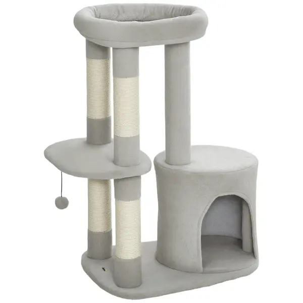 PawHut Copac pentru pisici turn de joacă cu stâlpi pentru zgâriat, platformă, căsuță, bilă, pluș, 60 x 45 x 90 cm, gri deschis | Aosom Romania