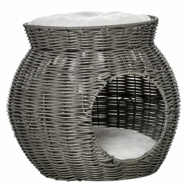 PawHut Coș pentru Pisici din Rattan PE cu 2 Niveluri, Zonă de Zgâriat și Cușcă, Perne de Plus Lavabile, Diametru Φ50x43.5cm, Gri Închis | Aosom Romania