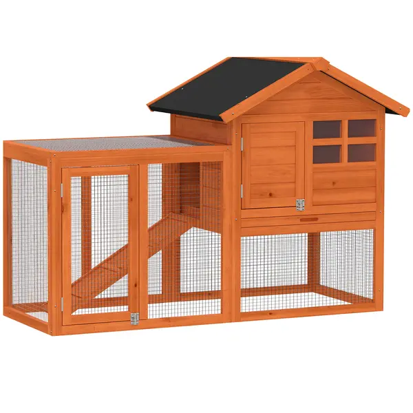 PawHut Coteț iepuri 2 etaje coteț cu acoperiș bituminos impermeabil parc exterior rampă uși lemn 123,5x62,6x92,5 cm Portocaliu | Aosom Romania