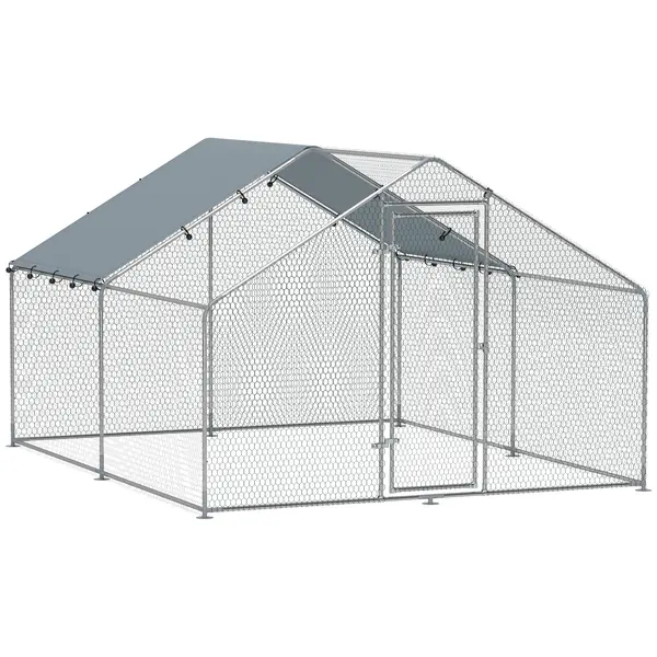 PawHut Coteț pentru Găini din Metal cu Copertină Impermeabilă și Rezistentă la UV, 3x3,4x1,9 m, Argintiu | Aosom Romania