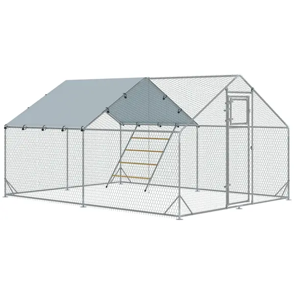 PawHut Coteț pentru găini, țarc exterior pentru găini, cu prelată rezistentă la UV, plasă din oțel, distribuitor de hrană, pentru 12-18 găini | Aosom Romania