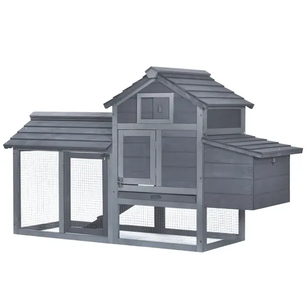 PawHut Coteț prefabricat din lemn pentru 2 găini cu gard pentru grădină 150.5 x 54 x 87cm, gri închis | Aosom Romania