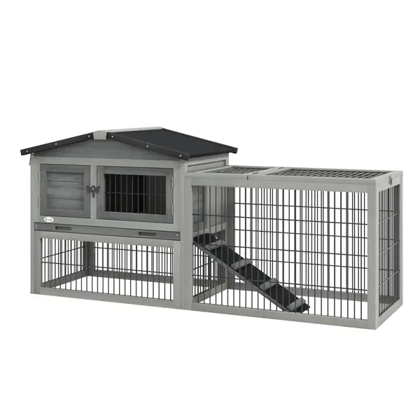 PawHut Cuib Exterior din Lemn de Brad cu Rampă, Acoperiș Rabatabil Impermeabil, Sertar Detașabil, Cuib pentru Iepuri, Animale Mici, Gri Deschis | Aosom Romania