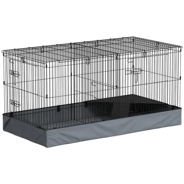 PawHut Cușcă 2 în 1 pentru Iepuri cu Acoperiș Detașabil, 2 Zone Separate și Podea Impermeabilă, 121x61x61 cm, Negru | Aosom Romania