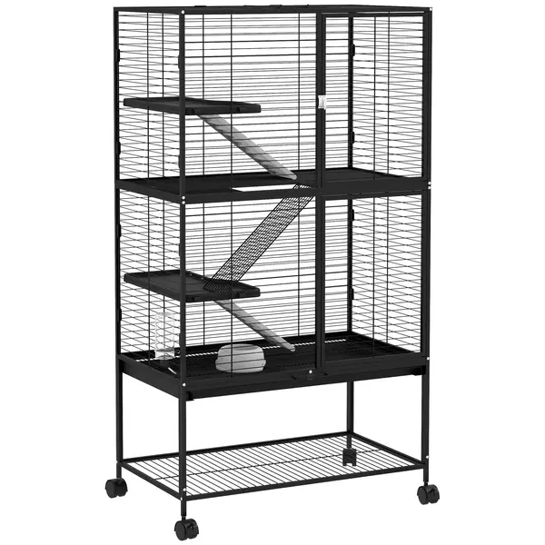 PawHut Cușcă 4 nivele pentru animale mici cu roți, rampă, boluri și tavă detașabilă — 78 x 45,5 x 136 cm, negru | Aosom Romania