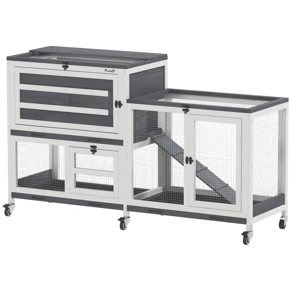 PawHut Cușcă cu 2 Nivele pentru 2-3 Iepuri, cu 6 Roți, Rampă, Acoperiș Rabatabil și Zonă Deschisă, 147x45x89,5 cm, Gri | Aosom Romania