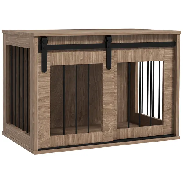 PawHut Cușcă cușetă pentru câini animale interioare ușă glisantă, oțel efect lemn, dim. 57H x 80L x 54l cm | Aosom Romania